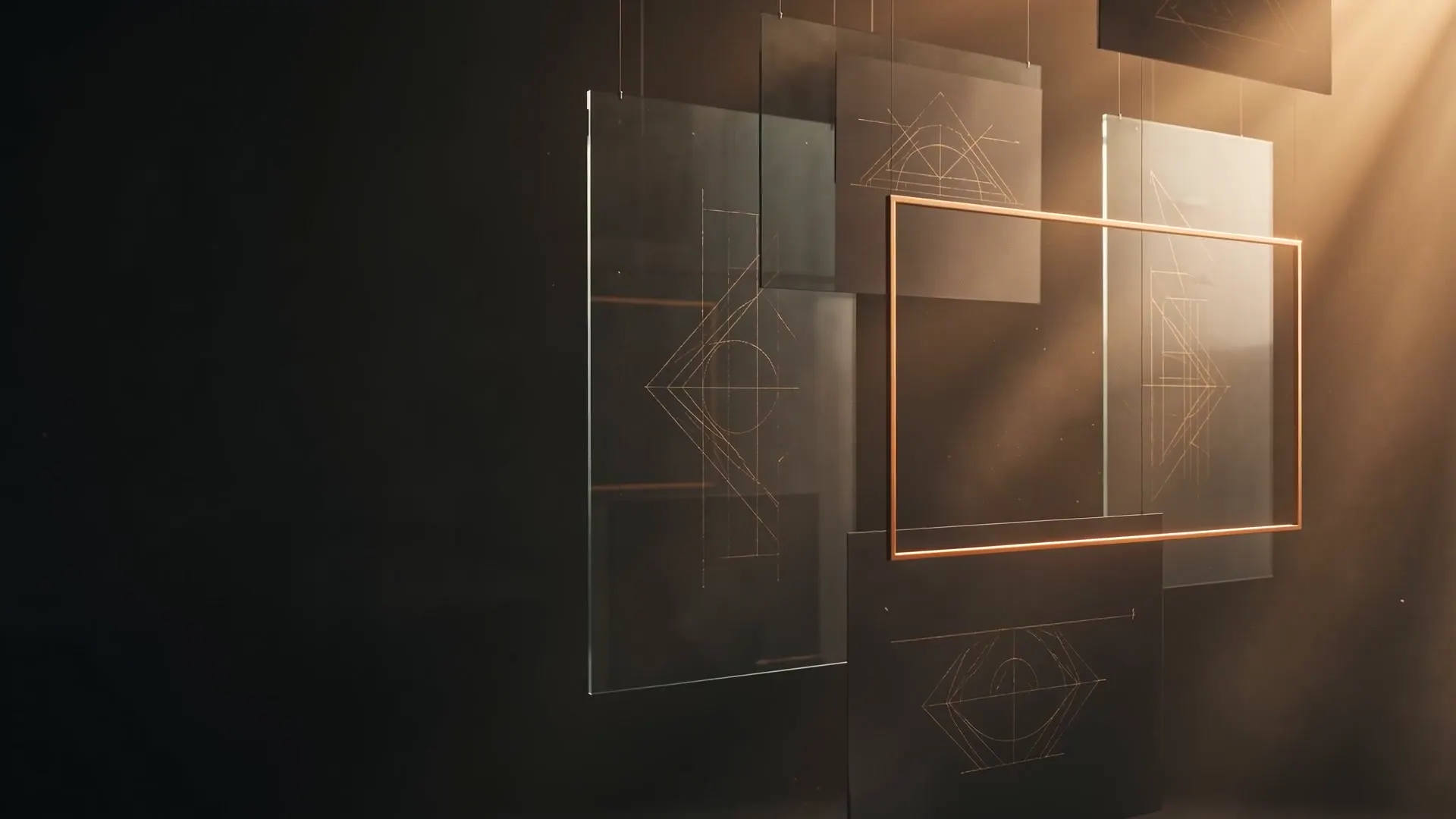 The glowing gold frame from the hero film, at rest among suspended glass panels